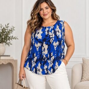Joie Pleated Floral Blouse Women's 2X 20/22W Royal Blue Navy White NWOT Top